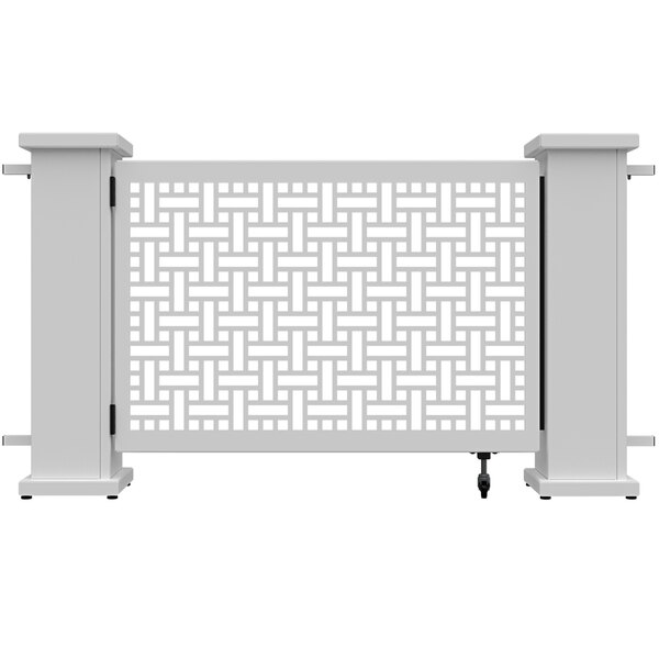 A white metal gate with a rectangular pattern of squares.