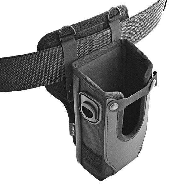 A black Agora holster with a waist pad for a Zebra MC9300.