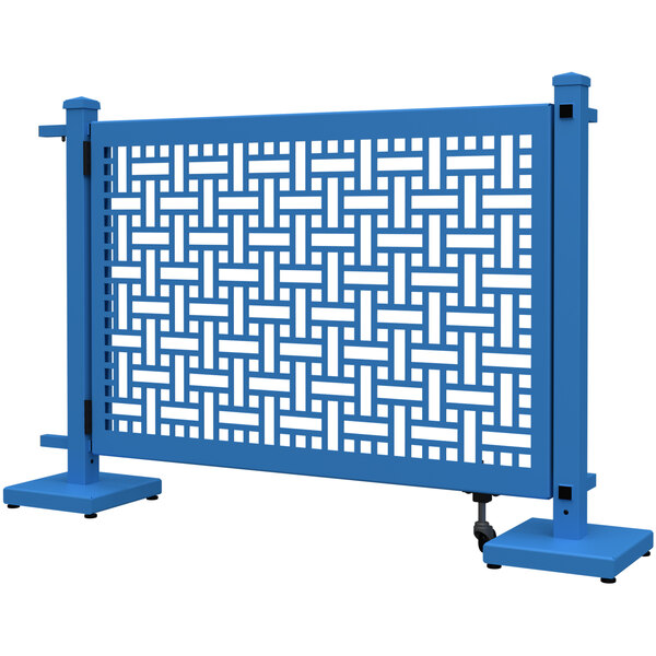 A sky blue SelectSpace square weave gate with straight and corner stands.