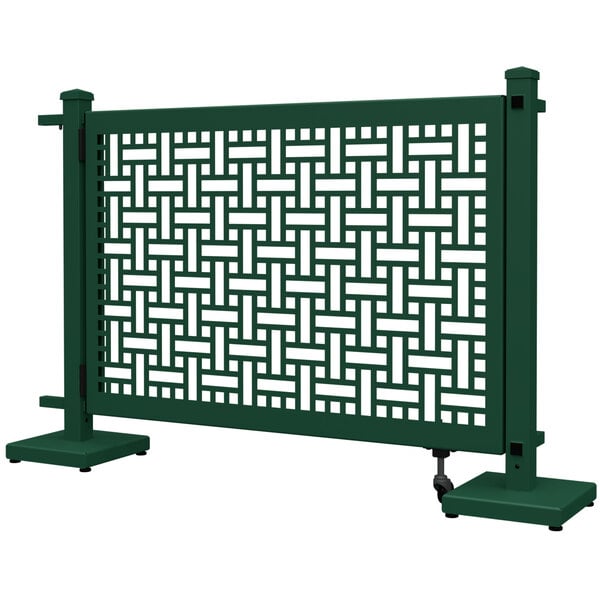 A forest green metal SelectSpace gate with a square weave pattern.