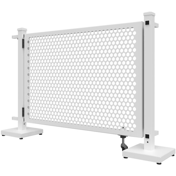 A white metal SelectSpace gate with a circle pattern and metal poles.