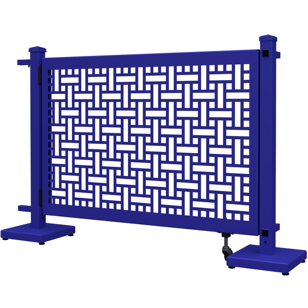 A royal blue square weave fence gate with white lines on the corners and straight stands.