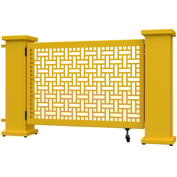 A bright yellow rectangular gate with a square weave pattern.