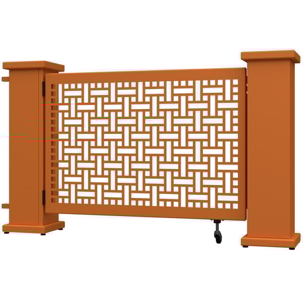 A burnt orange SelectSpace square weave gate with lattice design.
