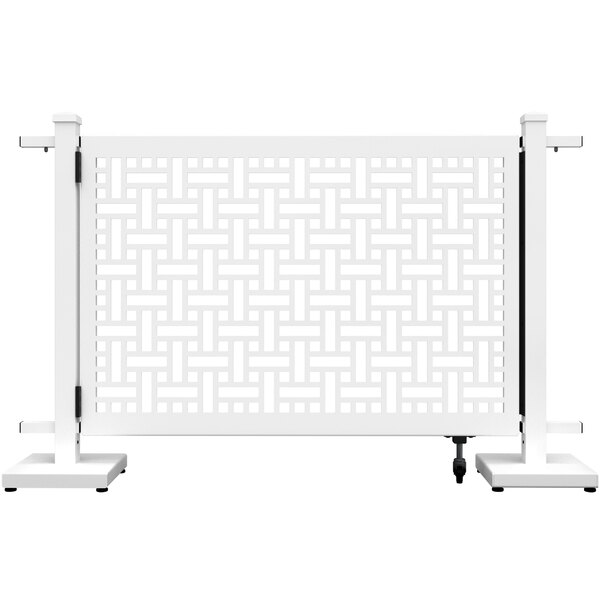A white metal gate with a square weave pattern.