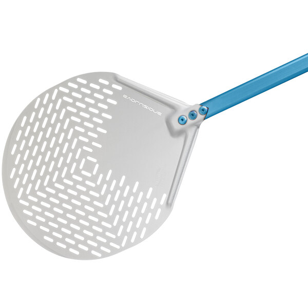 A blue and white anodized aluminum pizza peel with a long handle.