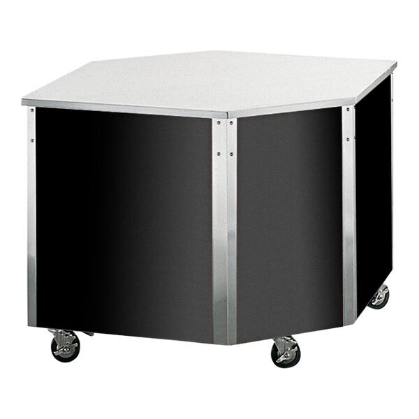 A stainless steel corner station with a black and white hexagon shaped table on wheels.