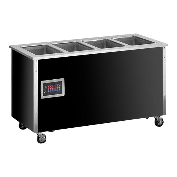 A black and silver rectangular object with three bins and a stainless steel counter.