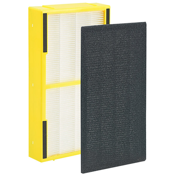 A close-up of a yellow and black Guardian Technologies HEPA filter.