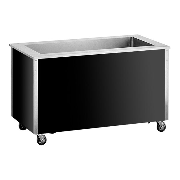 A black and silver rectangular Vollrath non-refrigerated cold food station on a stainless steel counter.