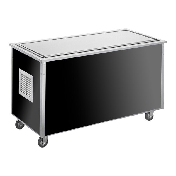 A black and silver rectangular Vollrath Signature Server frost top serving station with a stainless steel counter.