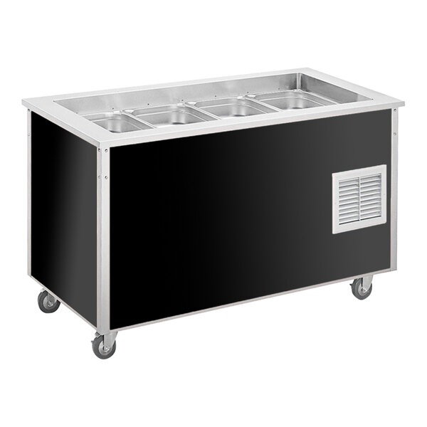 A Vollrath refrigerated cold food station with a stainless steel counter and black and silver accents.