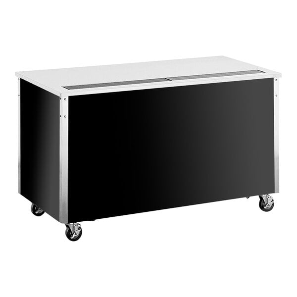 A black and white rectangular Vollrath beverage counter with wheels.