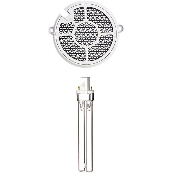A white round Guardian Technologies UV-C bulb with black mesh on it.