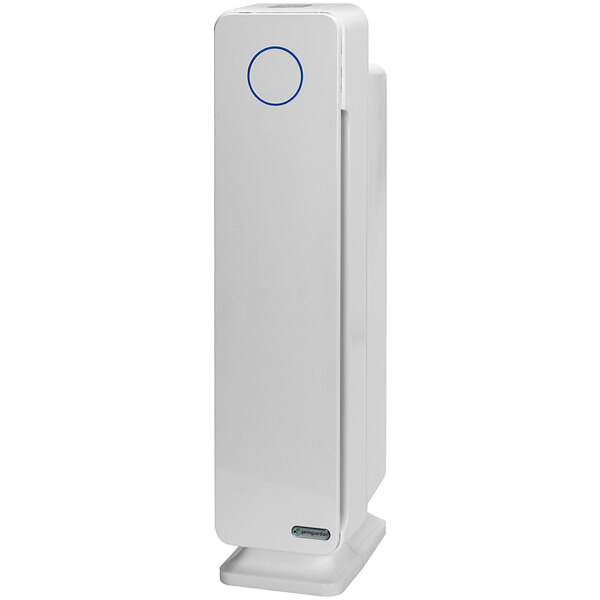 A white tower air purifier with blue trim and a blue circle on it.