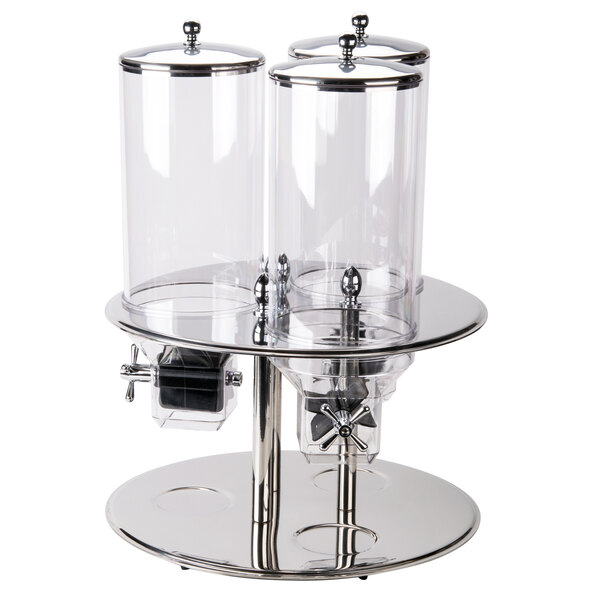 A Tablecraft stainless steel triple canister cereal dispenser on a silver stand.