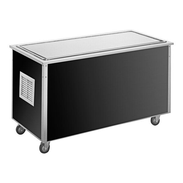 A black and silver rectangular serving station with a stainless steel frost top.