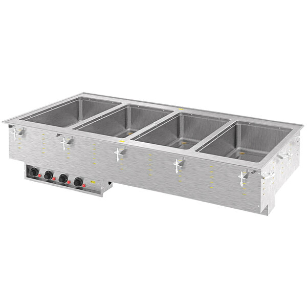 A Vollrath stainless steel drop-in hot food well with four compartments.