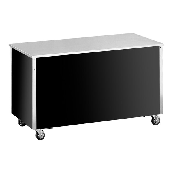 A black and silver rectangular utility station with a black and white counter top on wheels.