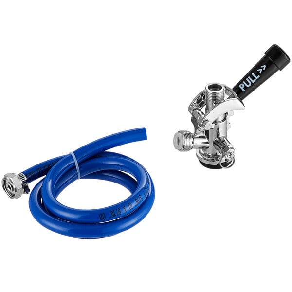 A blue hose attached to a Galaxy Single Tap Kegerator Tower.
