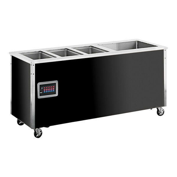 A black and silver Vollrath refrigerated hot / cold food station with four compartments on a stainless steel counter.