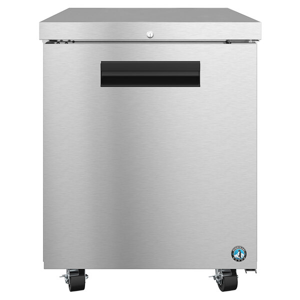 A silver rectangular Hoshizaki undercounter freezer with a black handle.
