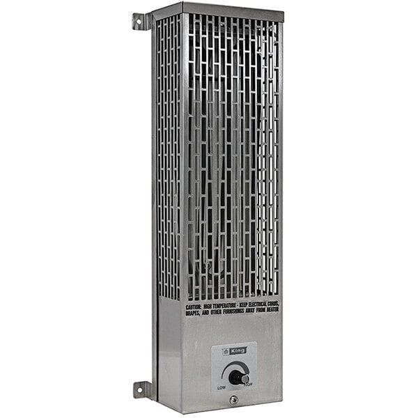 A stainless steel rectangular metal pumphouse heater with a knob on the front.