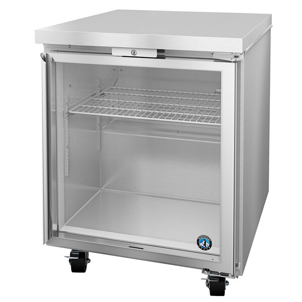 A stainless steel Hoshizaki undercounter freezer with a glass door.