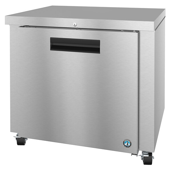 A silver Hoshizaki undercounter refrigerator with a black door handle.