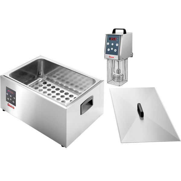A stainless steel Sirman SOFTCOOKER Y09 sous vide immersion circulator head with a screen and a lid on a counter.
