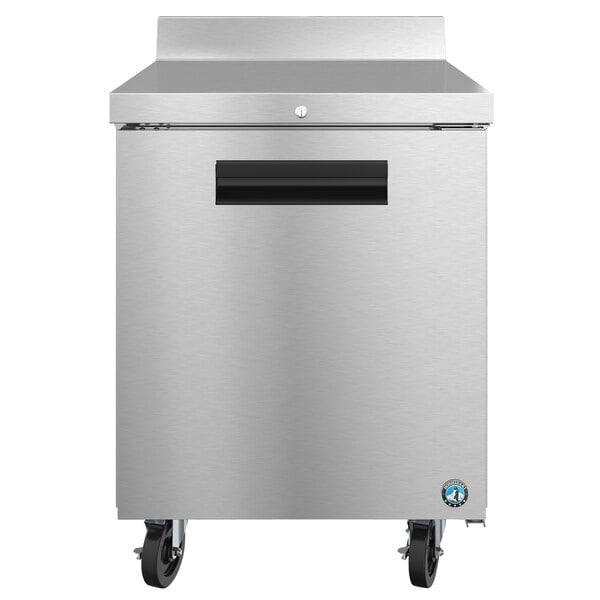 A stainless steel Hoshizaki worktop freezer with a black handle.