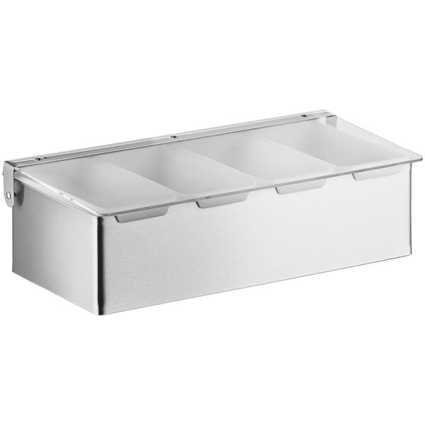 A stainless steel Choice 4-compartment condiment bar on a counter.