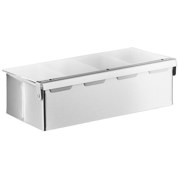 A silver stainless steel condiment bar with 4 compartments.