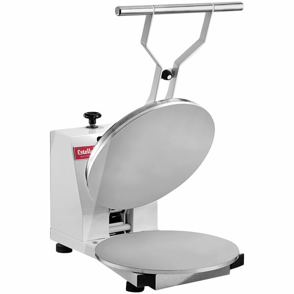 A white Estella manual clamshell pizza dough press with a round surface.