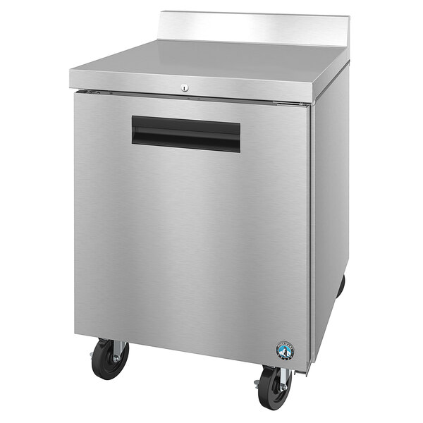 A stainless steel Hoshizaki worktop refrigerator with a black handle.