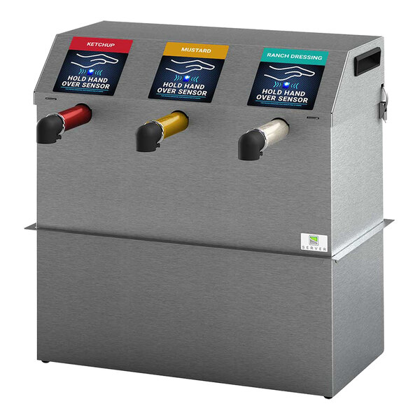 A Server stainless steel touchless triple condiment dispenser with three different colored buttons.
