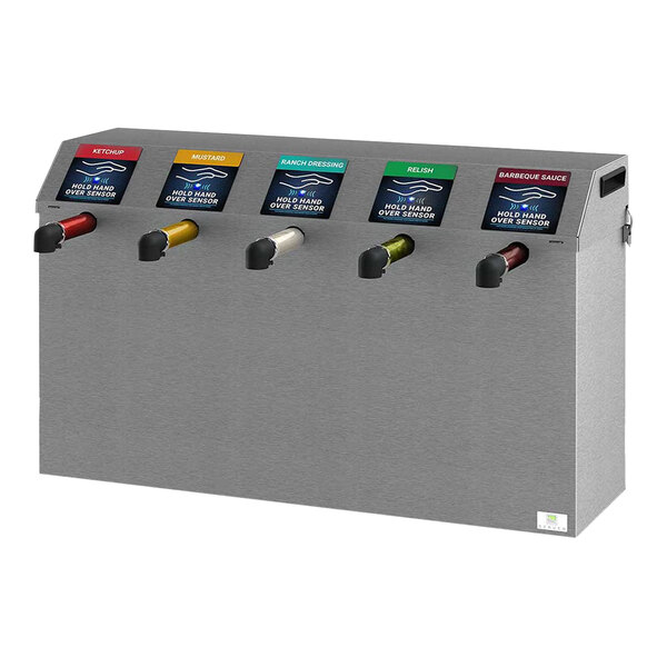 A stainless steel Server Touchless Express countertop condiment dispenser with different colored labels on it.