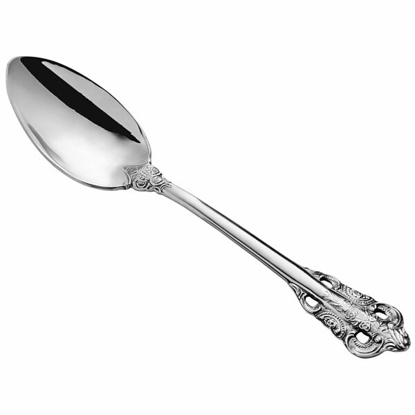 An Acopa Ophelia stainless steel demitasse spoon with a handle.