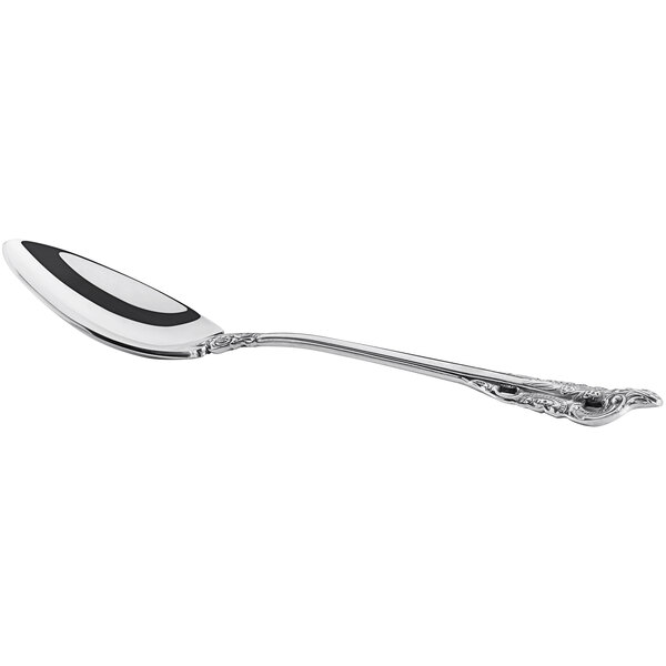 An Acopa stainless steel demitasse spoon with a black handle.