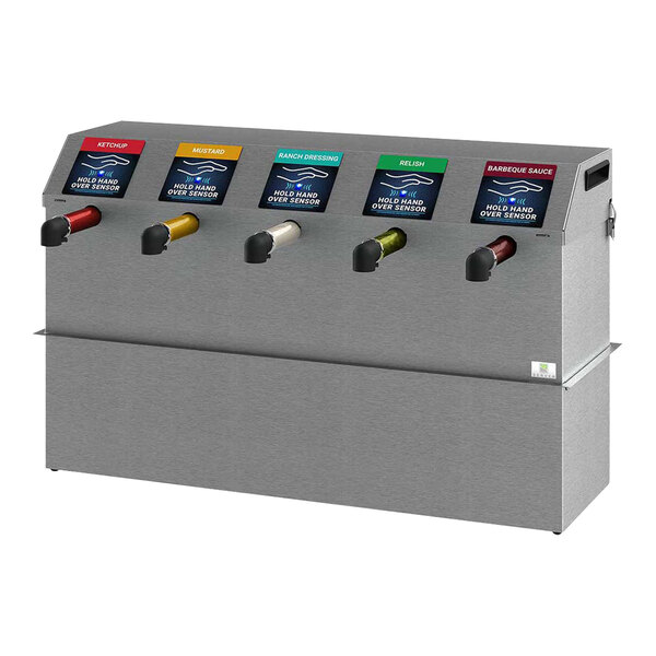 A Server stainless steel quintuple condiment dispenser with different colored labels on the front.