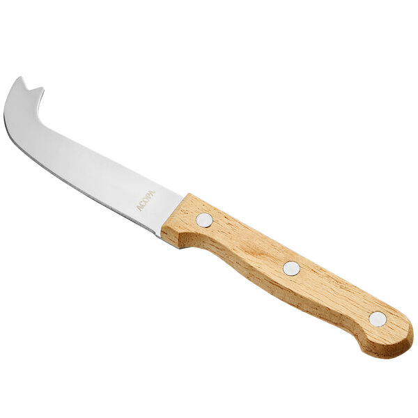 An Acopa stainless steel cheese knife with a wood handle.