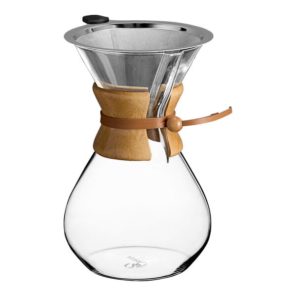 An Acopa glass coffee maker with a wood collar.