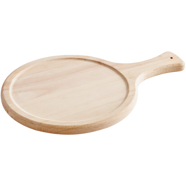 A wooden serving board with a handle.