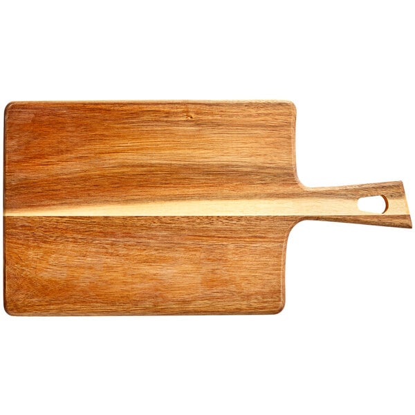 An Acopa acacia wood serving board with a handle.