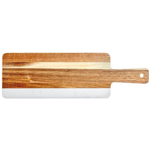An Acopa acacia wood serving board with a handle.
