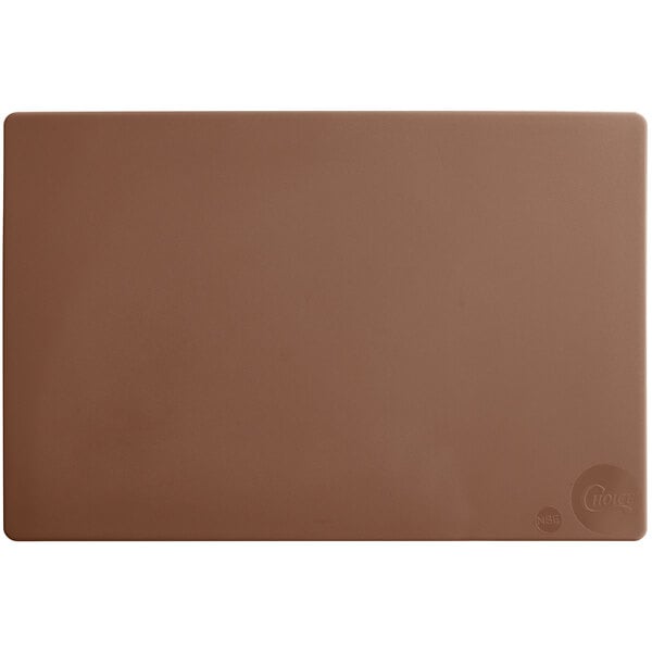 A brown rectangular Choice polyethylene cutting board with a logo on it.