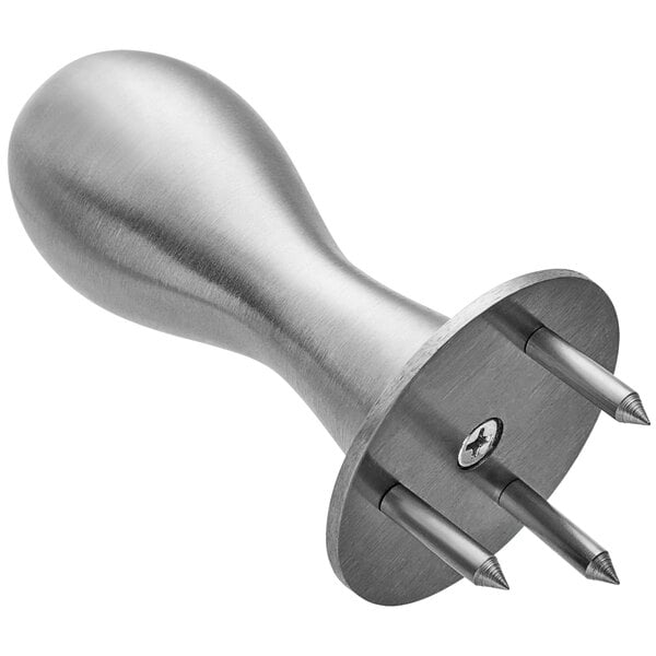 A stainless steel Acopa cheese button clincher with two spikes.
