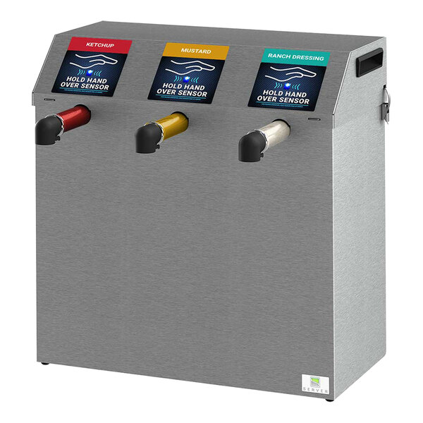 A Server stainless steel triple condiment dispenser on a countertop with three different colored buttons.