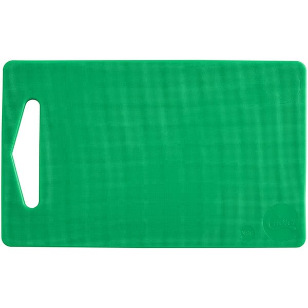 A green rectangular polyethylene cutting board with a handle.