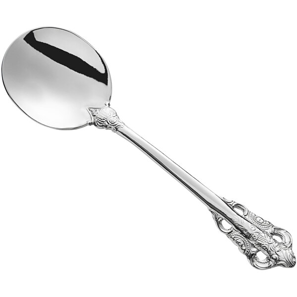 An Acopa Ophelia stainless steel bouillon spoon with a handle.